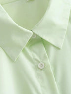 Women Green Loose Shirts Long Sleeve Single Breasted Side Drawstring Long Tops Blouses