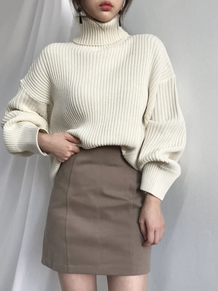 Korean Simple Turtleneck Sweaters Women Lazy Wind Loose Long Sleeve Office Lady Knitted Pullovers Solid Vintage Autumn Tops