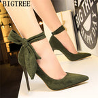 dress shoes women stiletto moccasin bigtree shoes Butterfly knot new arrival 2019 green shoes for women luxury high heels buty