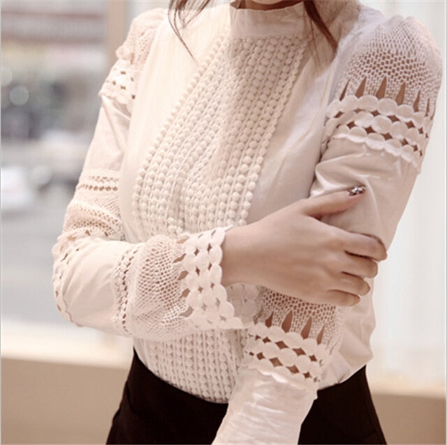 Summer New Women Blouses Slim Bottoming Long-sleeved White Shirt Lace Hook Flower Hollow Casual Shirts Blouse