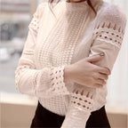 Summer New Women Blouses Slim Bottoming Long-sleeved White Shirt Lace Hook Flower Hollow Casual Shirts Blouse