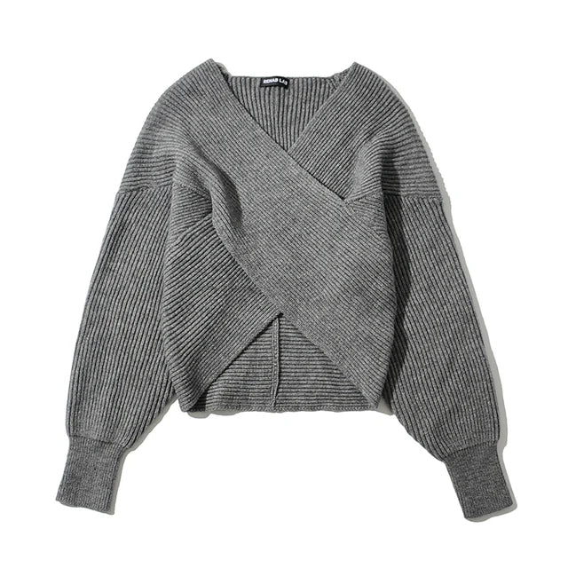 Women Sexy Cross Cropped Sweaters V-neck Knitted Loose Pullovers Autumn Winter Sweater