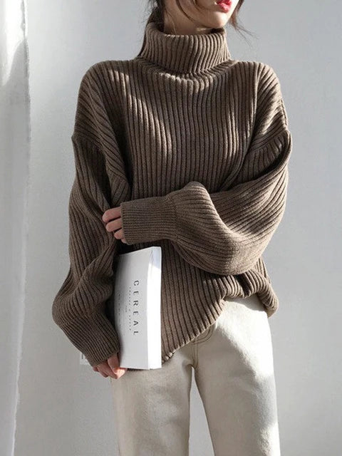 Korean Simple Turtleneck Sweaters Women Lazy Wind Loose Long Sleeve Office Lady Knitted Pullovers Solid Vintage Autumn Tops