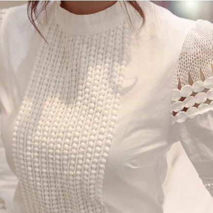 Summer New Women Blouses Slim Bottoming Long-sleeved White Shirt Lace Hook Flower Hollow Casual Shirts Blouse