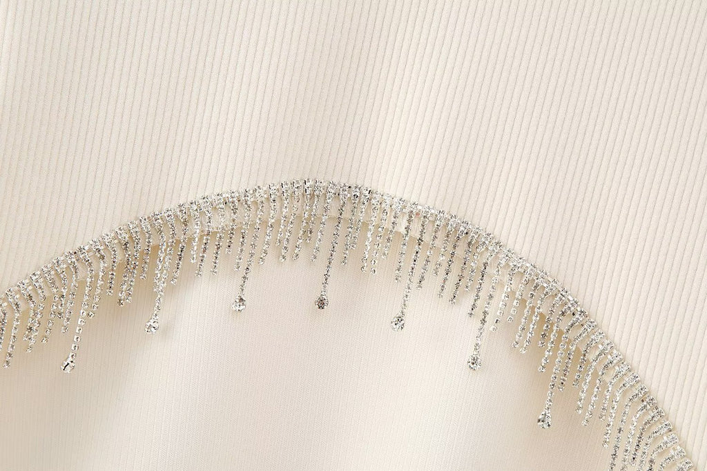 Women Knitted Beige Sweaters Rhinestones Tassels Hem Slim Pullovers Long Sleeve Female Crop Top