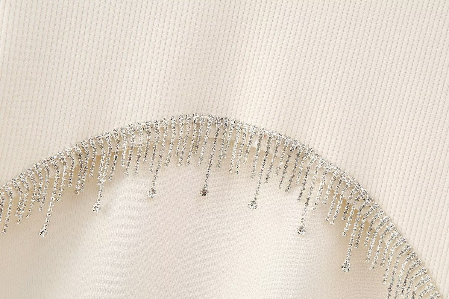 Women Knitted Beige Sweaters Rhinestones Tassels Hem Slim Pullovers Long Sleeve Female Crop Top