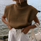 Orange Solid Fashion Women Turtleneck Knitted Sweaters Sleeveless Women Autumn Winter O-Neck Black White Warm Pullovers