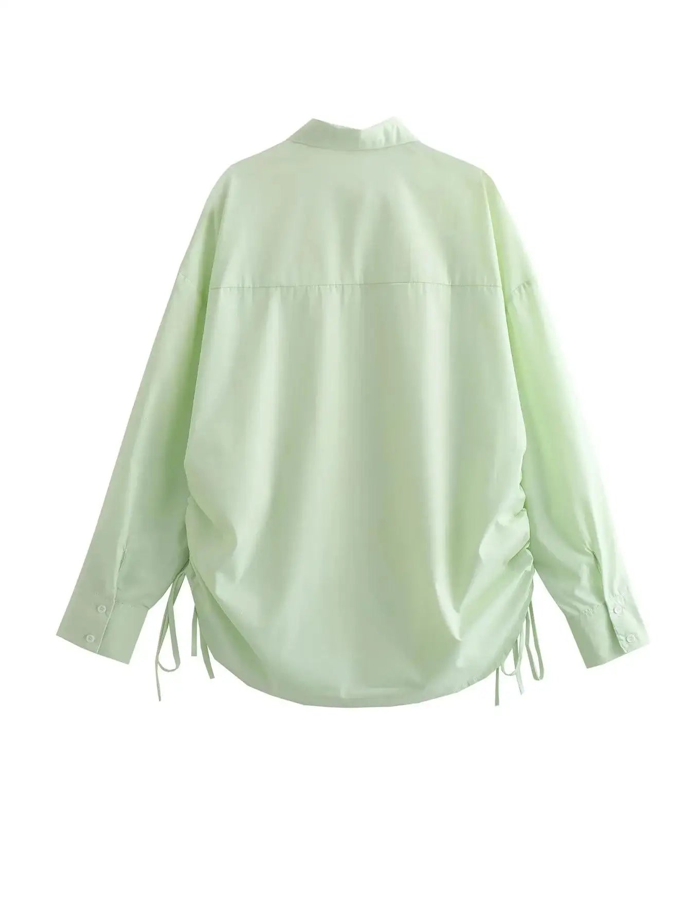Women Green Loose Shirts Long Sleeve Single Breasted Side Drawstring Long Tops Blouses