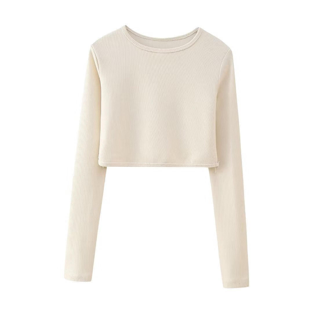 Women Knitted Beige Sweaters Rhinestones Tassels Hem Slim Pullovers Long Sleeve Female Crop Top