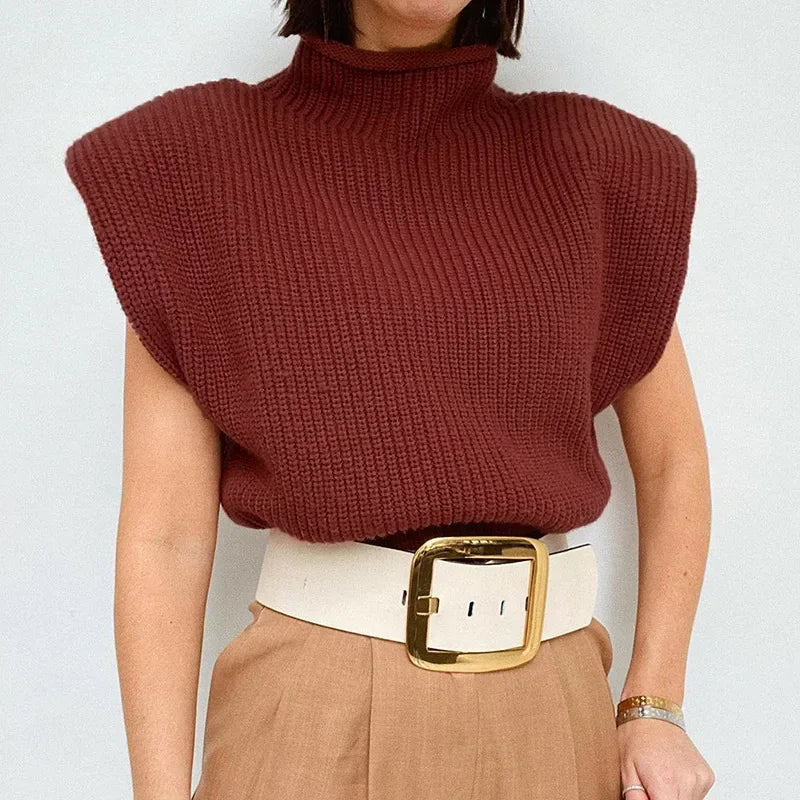 Orange Solid Fashion Women Turtleneck Knitted Sweaters Sleeveless Women Autumn Winter O-Neck Black White Warm Pullovers
