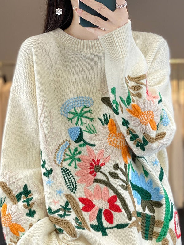 Women Winter Autumn Flower Embroidery Knitting Sweaters Pullovers Long Sleeve O-neck Knitwear Street Casual Tops