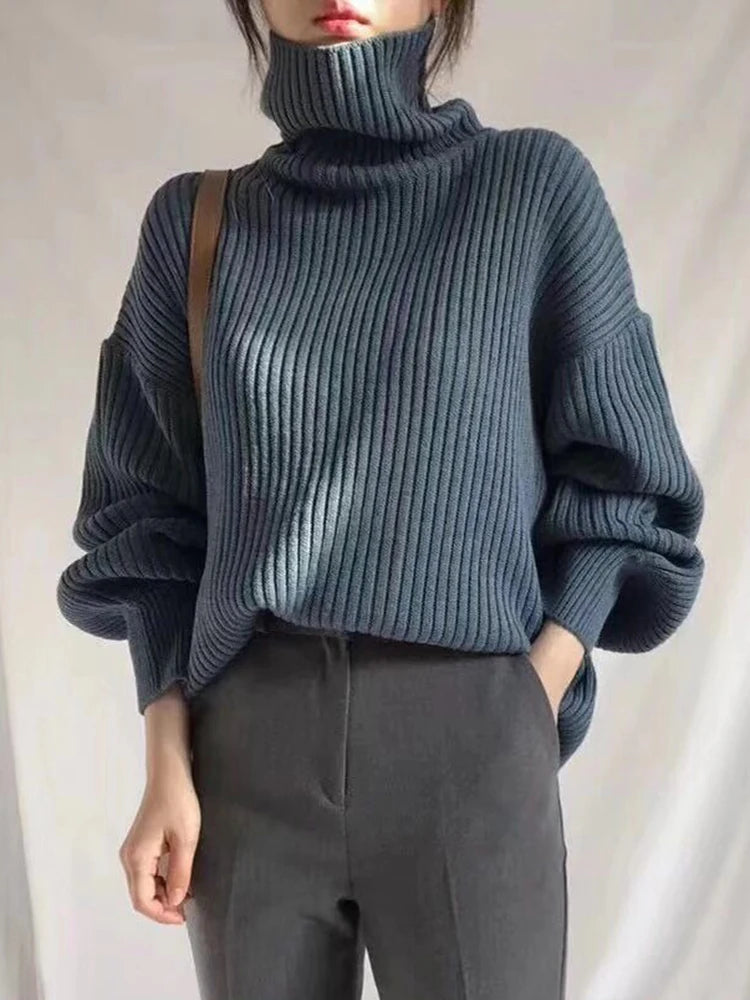 Korean Simple Turtleneck Sweaters Women Lazy Wind Loose Long Sleeve Office Lady Knitted Pullovers Solid Vintage Autumn Tops