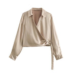 New Satin Cropped Blouses Women Top 2023 Fashion  Long Sleeve Shirt Woman Elegant Short Shirts Chic Tops