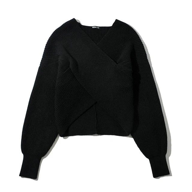 Women Sexy Cross Cropped Sweaters V-neck Knitted Loose Pullovers Autumn Winter Sweater