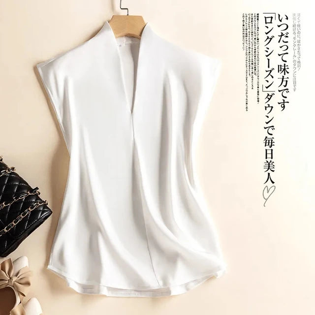 Acetate V-Neck Loose Solid Casual Korean Fashion Women's Blouse Shirt Sleeveless Pullover Blouses Tops Summer Spring