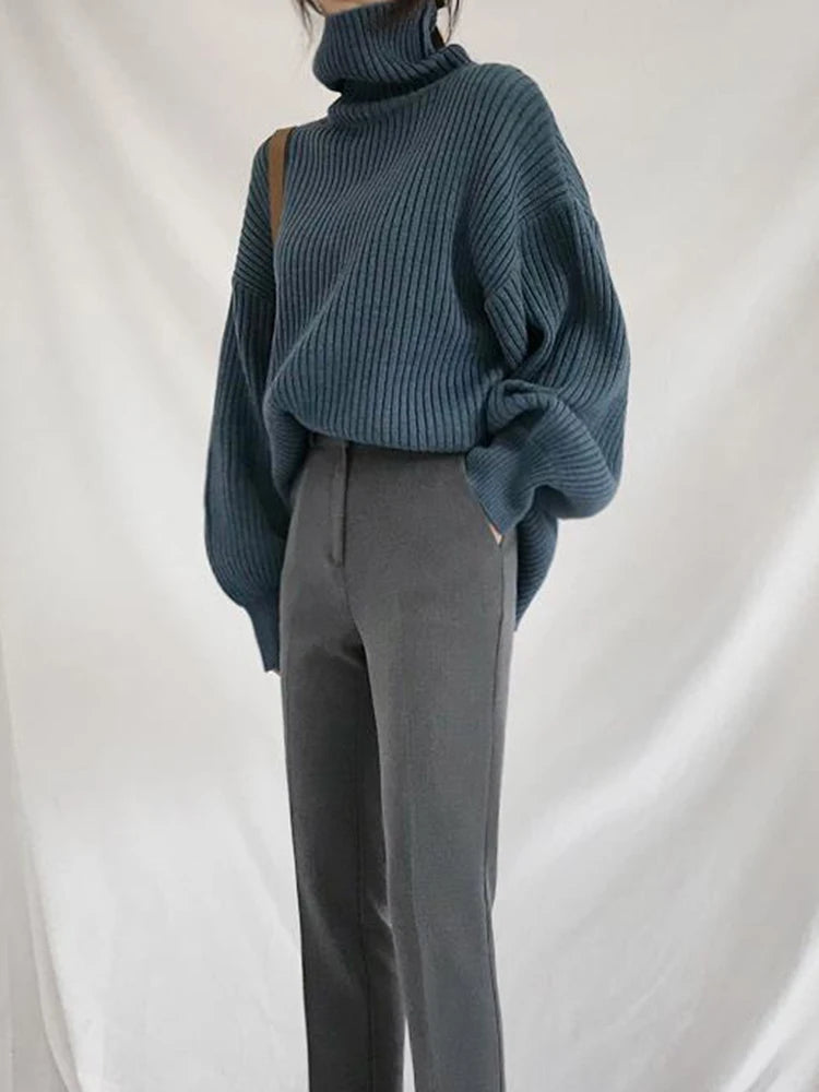 Korean Simple Turtleneck Sweaters Women Lazy Wind Loose Long Sleeve Office Lady Knitted Pullovers Solid Vintage Autumn Tops