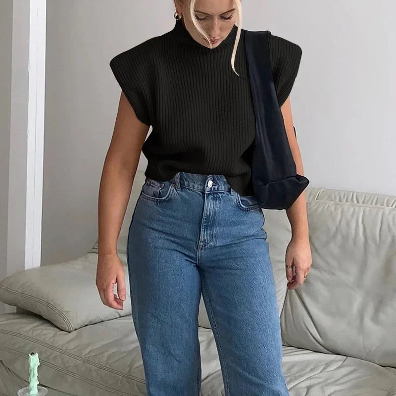 Orange Solid Fashion Women Turtleneck Knitted Sweaters Sleeveless Women Autumn Winter O-Neck Black White Warm Pullovers