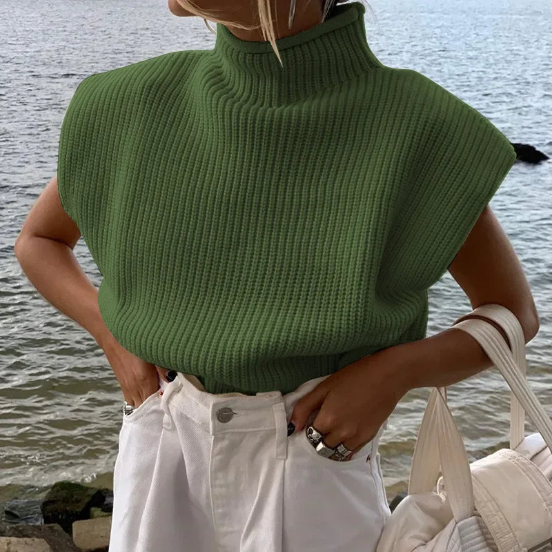 Orange Solid Fashion Women Turtleneck Knitted Sweaters Sleeveless Women Autumn Winter O-Neck Black White Warm Pullovers