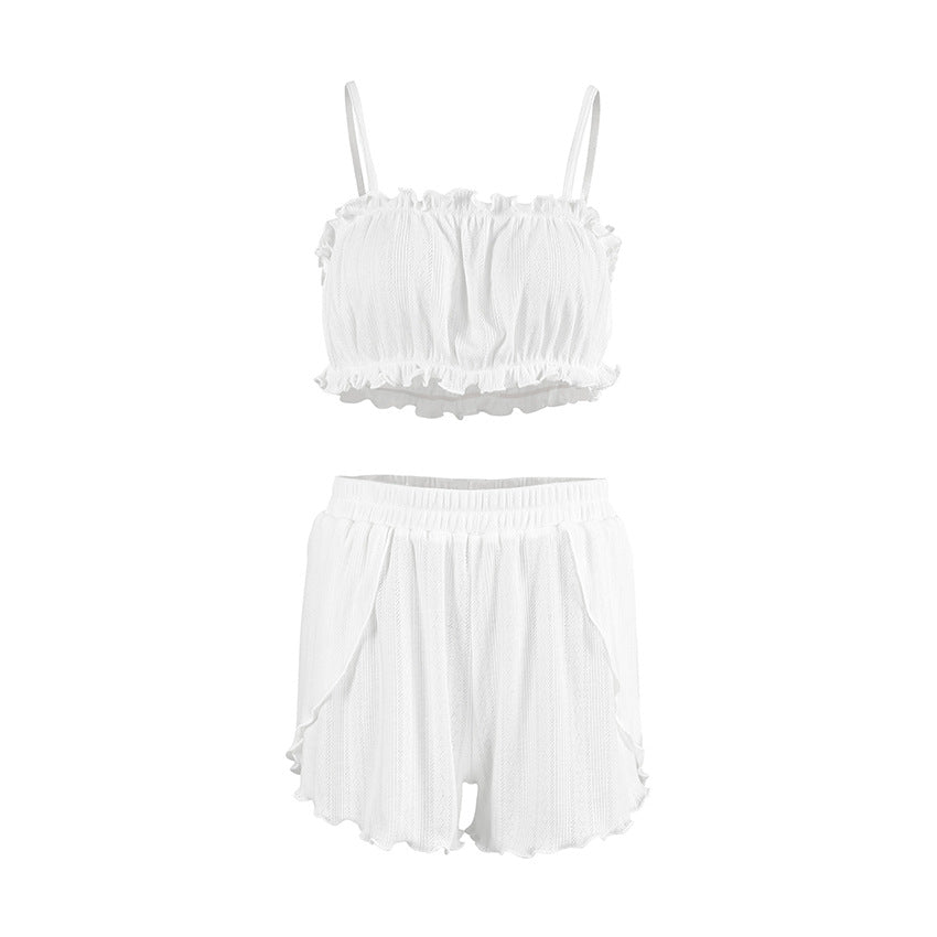 Black fungus edge suspender shorts hollowed out pajamas set