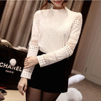 Summer New Women Blouses Slim Bottoming Long-sleeved White Shirt Lace Hook Flower Hollow Casual Shirts Blouse
