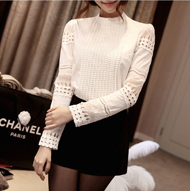Summer New Women Blouses Slim Bottoming Long-sleeved White Shirt Lace Hook Flower Hollow Casual Shirts Blouse