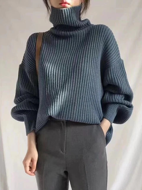 Korean Simple Turtleneck Sweaters Women Lazy Wind Loose Long Sleeve Office Lady Knitted Pullovers Solid Vintage Autumn Tops