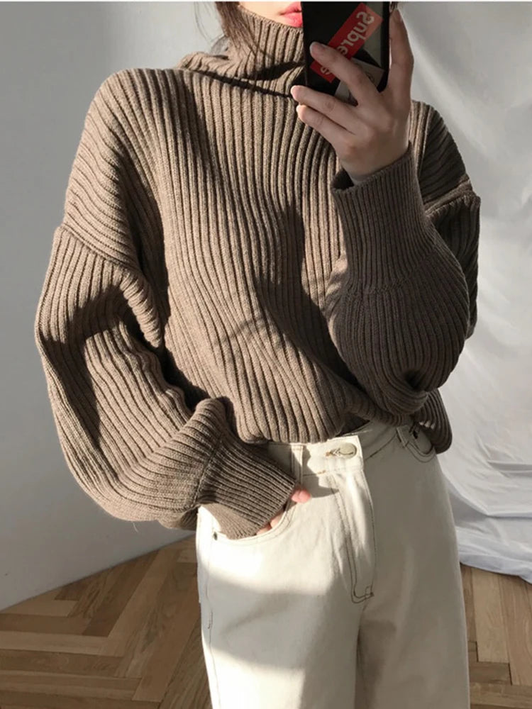 Korean Simple Turtleneck Sweaters Women Lazy Wind Loose Long Sleeve Office Lady Knitted Pullovers Solid Vintage Autumn Tops