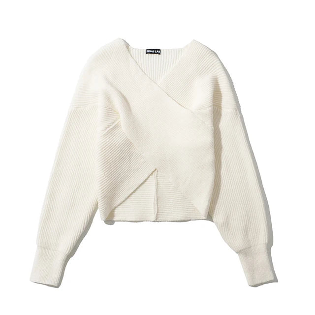 Women Sexy Cross Cropped Sweaters V-neck Knitted Loose Pullovers Autumn Winter Sweater