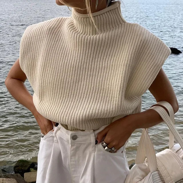 Orange Solid Fashion Women Turtleneck Knitted Sweaters Sleeveless Women Autumn Winter O-Neck Black White Warm Pullovers