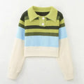 Women Striped Patchwork Sweaters Long Sleeve Turn-down Collar Short Pullovers