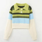 Women Striped Patchwork Sweaters Long Sleeve Turn-down Collar Short Pullovers