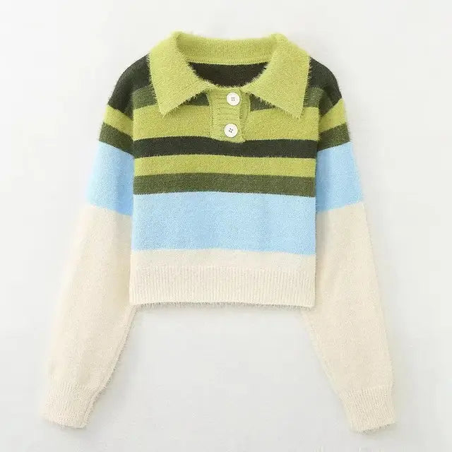Women Striped Patchwork Sweaters Long Sleeve Turn-down Collar Short Pullovers