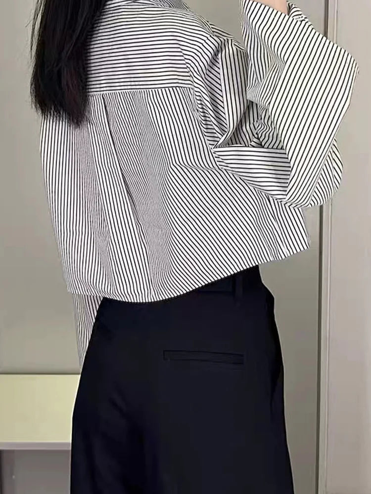 Women  Autumn New Fashion Casual Pocket Short Striped Shirt Retro Long Sleeve Chic Button Top Blouses Mujer