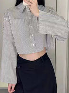 Women  Autumn New Fashion Casual Pocket Short Striped Shirt Retro Long Sleeve Chic Button Top Blouses Mujer