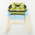 Women Striped Patchwork Sweaters Long Sleeve Turn-down Collar Short Pullovers