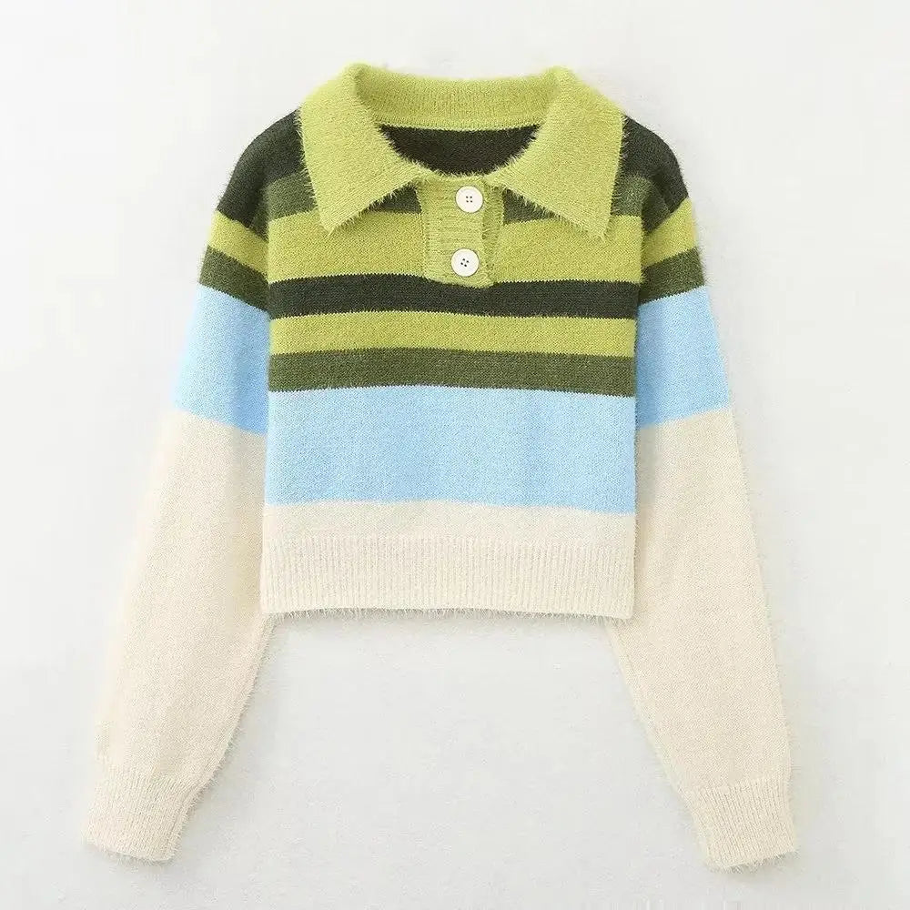 Women Striped Patchwork Sweaters Long Sleeve Turn-down Collar Short Pullovers