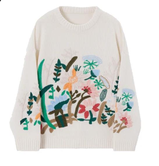 Women Winter Autumn Flower Embroidery Knitting Sweaters Pullovers Long Sleeve O-neck Knitwear Street Casual Tops
