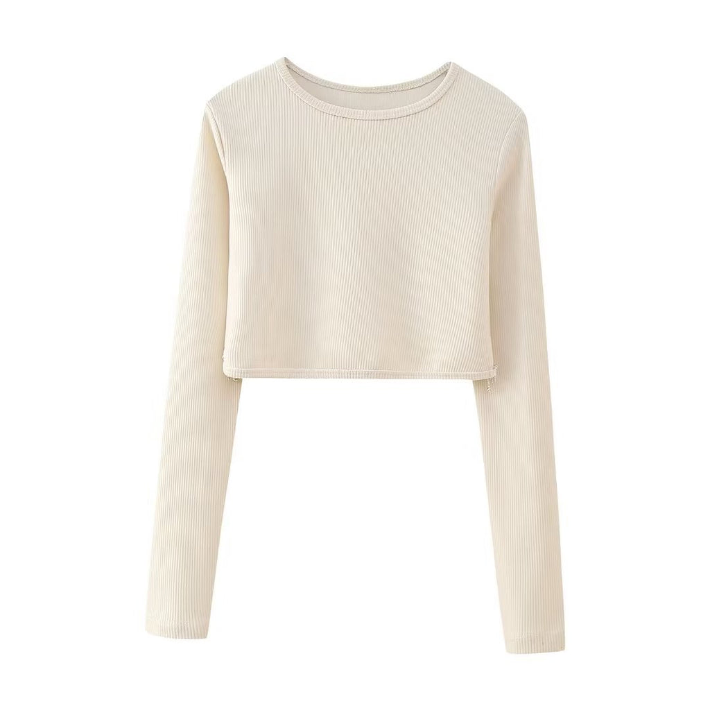 Women Knitted Beige Sweaters Rhinestones Tassels Hem Slim Pullovers Long Sleeve Female Crop Top