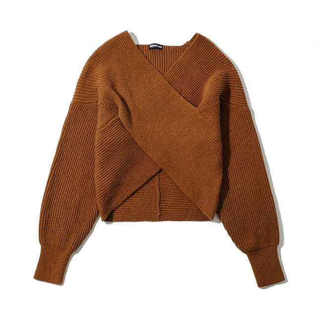 Women Sexy Cross Cropped Sweaters V-neck Knitted Loose Pullovers Autumn Winter Sweater