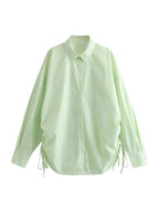 Women Green Loose Shirts Long Sleeve Single Breasted Side Drawstring Long Tops Blouses