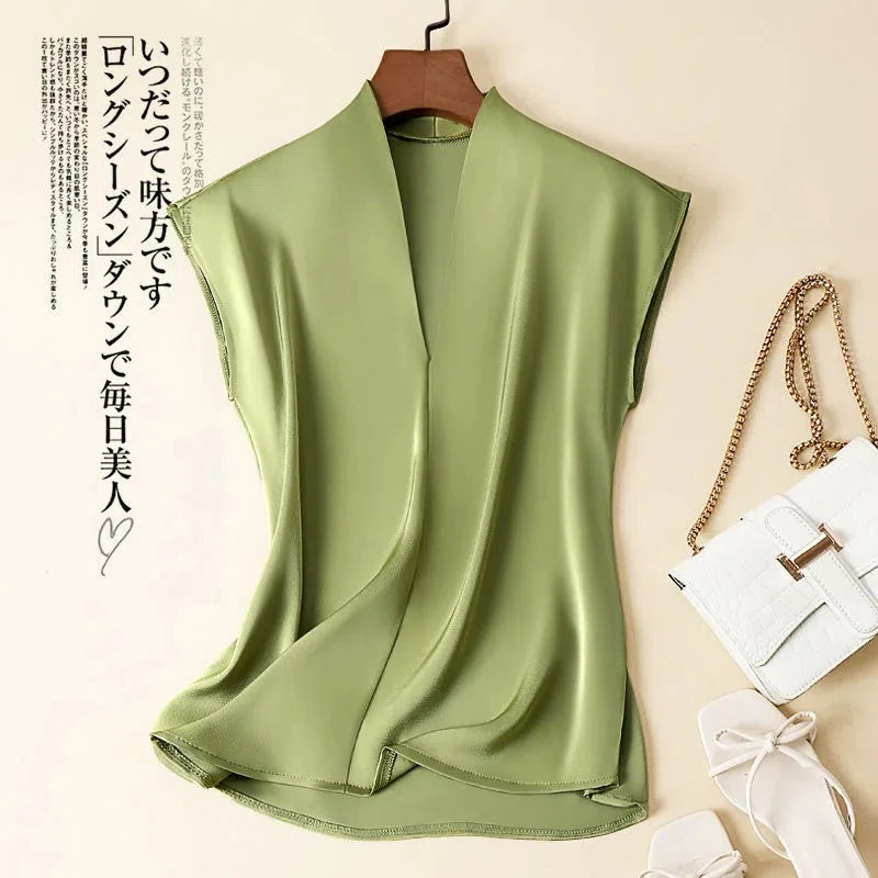 Acetate V-Neck Loose Solid Casual Korean Fashion Women's Blouse Shirt Sleeveless Pullover Blouses Tops Summer Spring