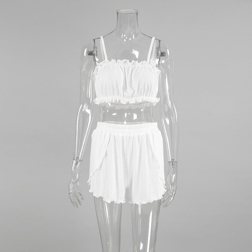 Black fungus edge suspender shorts hollowed out pajamas set