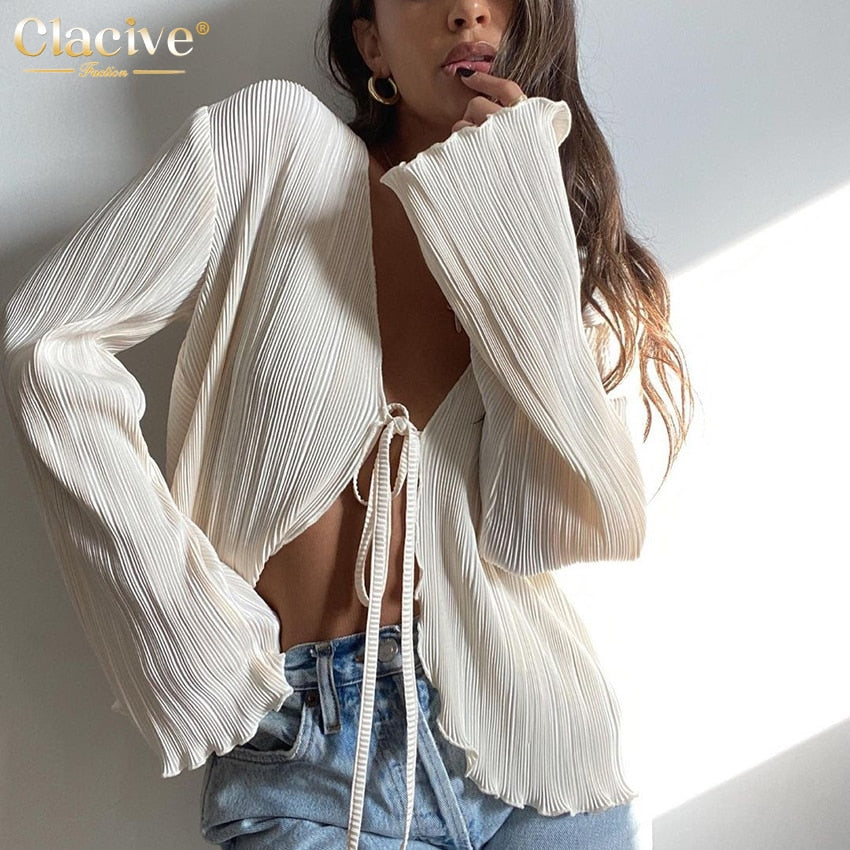 Clacive Sexy White Lace-Up Women'S Shirt Summer Bodycon Long Sleeve Blouses Ladies Fashion Pleated Top Female Clothing