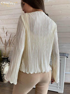 Clacive Sexy White Lace-Up Women'S Shirt Summer Bodycon Long Sleeve Blouses Ladies Fashion Pleated Top Female Clothing