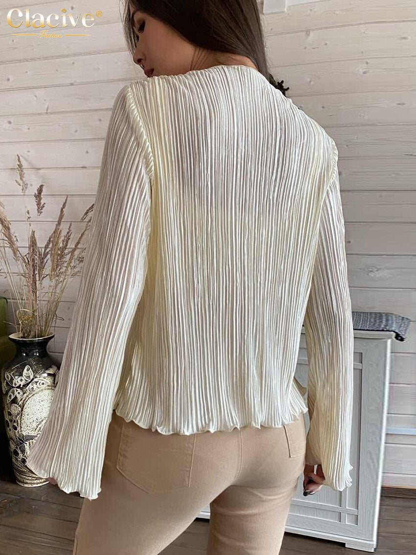 Clacive Sexy White Lace-Up Women'S Shirt Summer Bodycon Long Sleeve Blouses Ladies Fashion Pleated Top Female Clothing