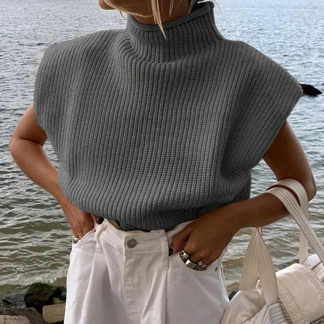 Orange Solid Fashion Women Turtleneck Knitted Sweaters Sleeveless Women Autumn Winter O-Neck Black White Warm Pullovers