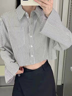 Women  Autumn New Fashion Casual Pocket Short Striped Shirt Retro Long Sleeve Chic Button Top Blouses Mujer