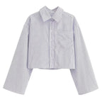 Women  Autumn New Fashion Casual Pocket Short Striped Shirt Retro Long Sleeve Chic Button Top Blouses Mujer