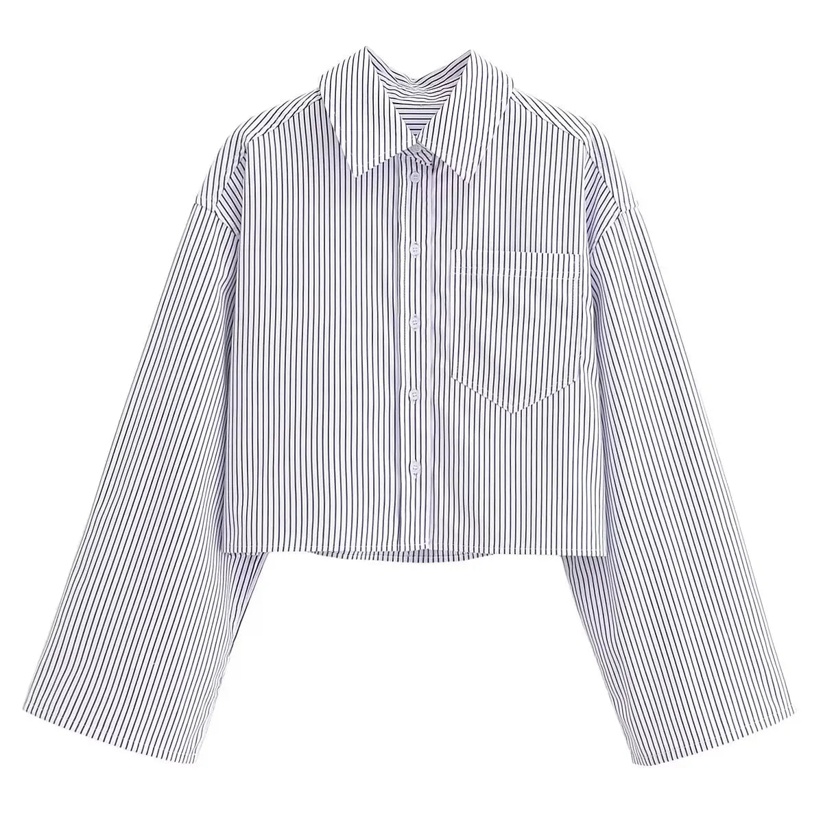 Women  Autumn New Fashion Casual Pocket Short Striped Shirt Retro Long Sleeve Chic Button Top Blouses Mujer