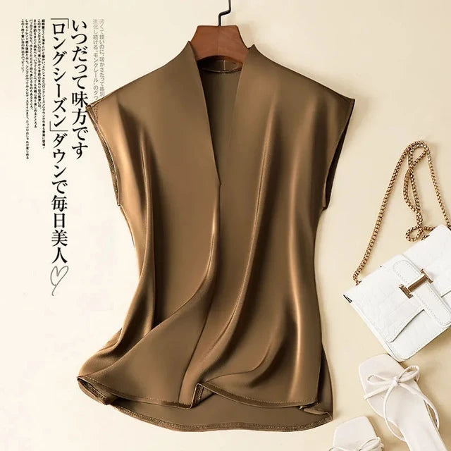Acetate V-Neck Loose Solid Casual Korean Fashion Women's Blouse Shirt Sleeveless Pullover Blouses Tops Summer Spring